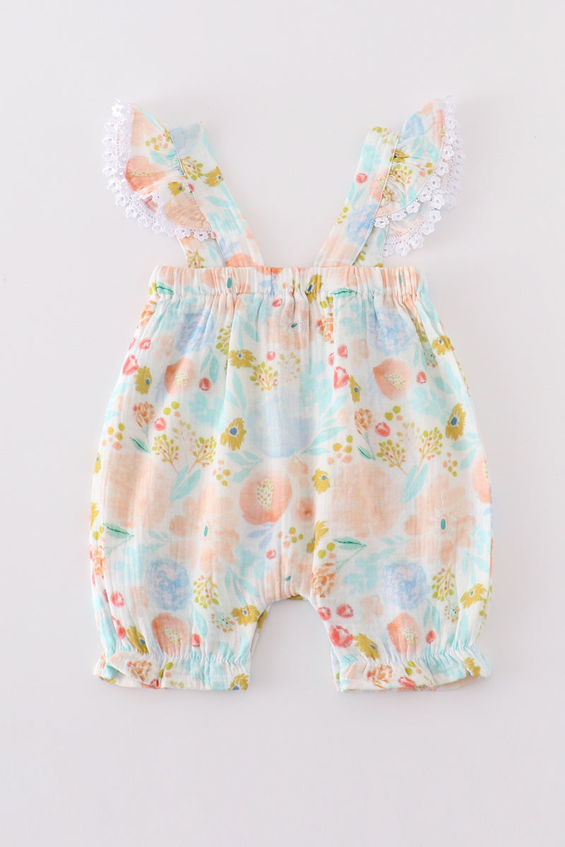 Premium Blue & pink muslin floral ruffle romper