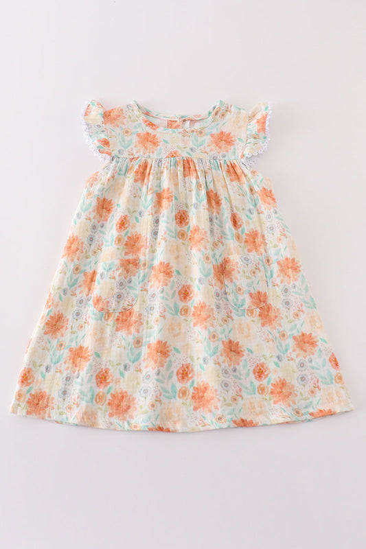 Premium Floral leaves muslin ruffle dress