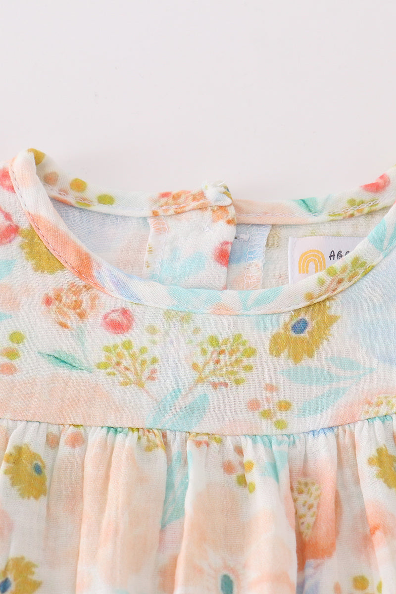 Premium Blue & pink muslin floral ruffle dress