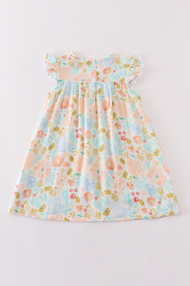 Premium Blue & pink muslin floral ruffle dress