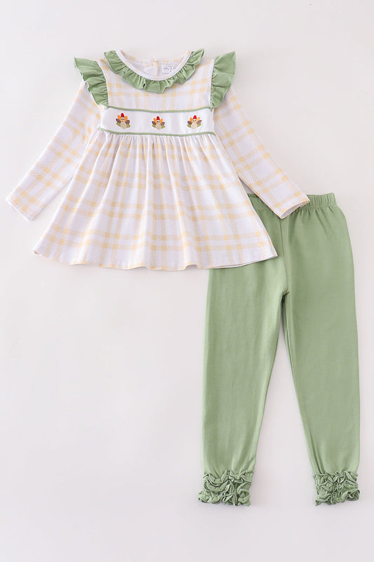 Premium Green turkey embroidery plaid girl set