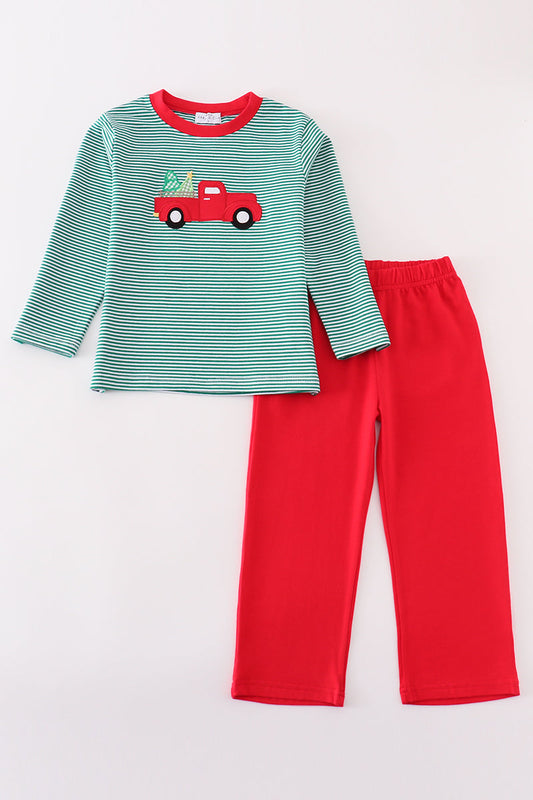 Premium green stripe christmas truck applique boy set