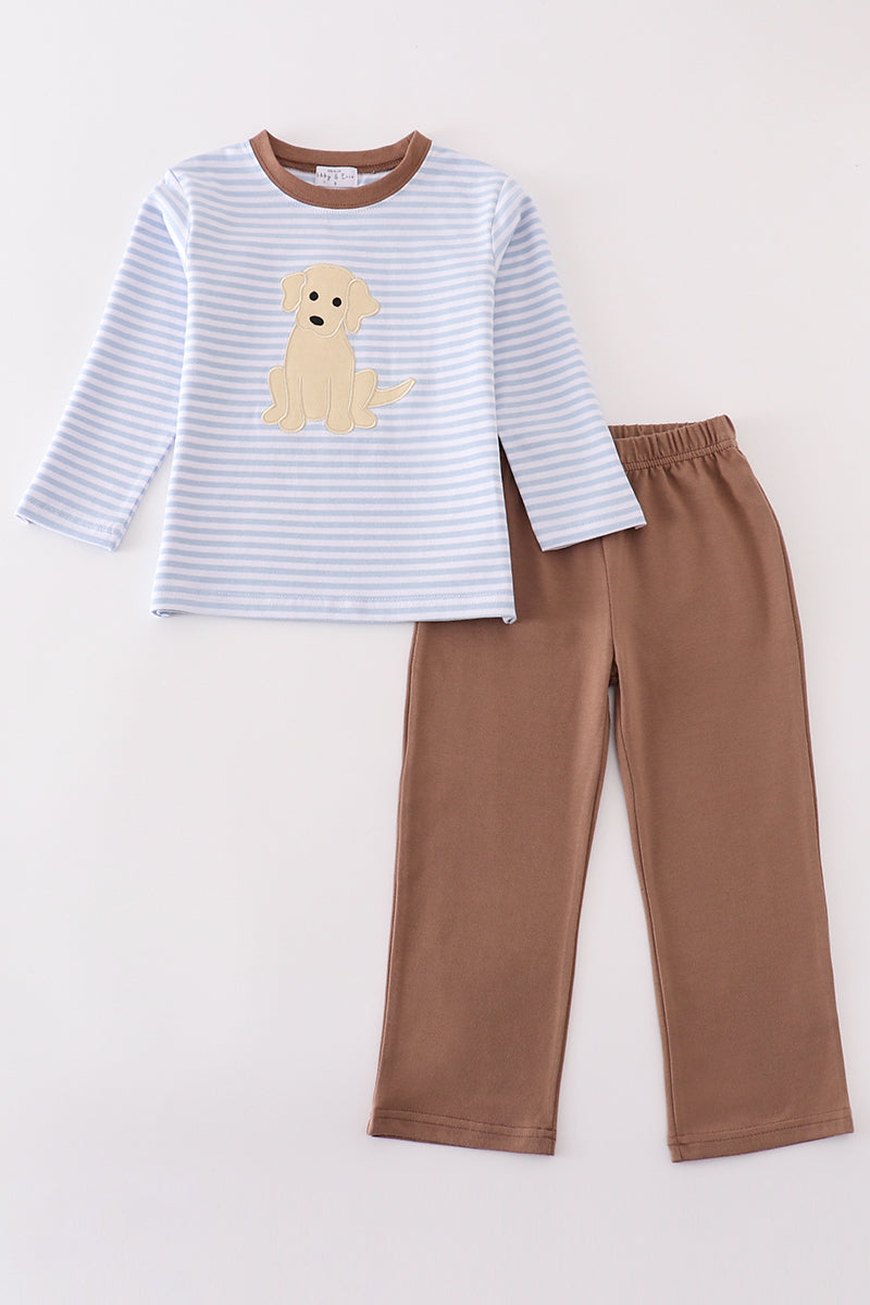 Premium brown stripe puppy applique boy set