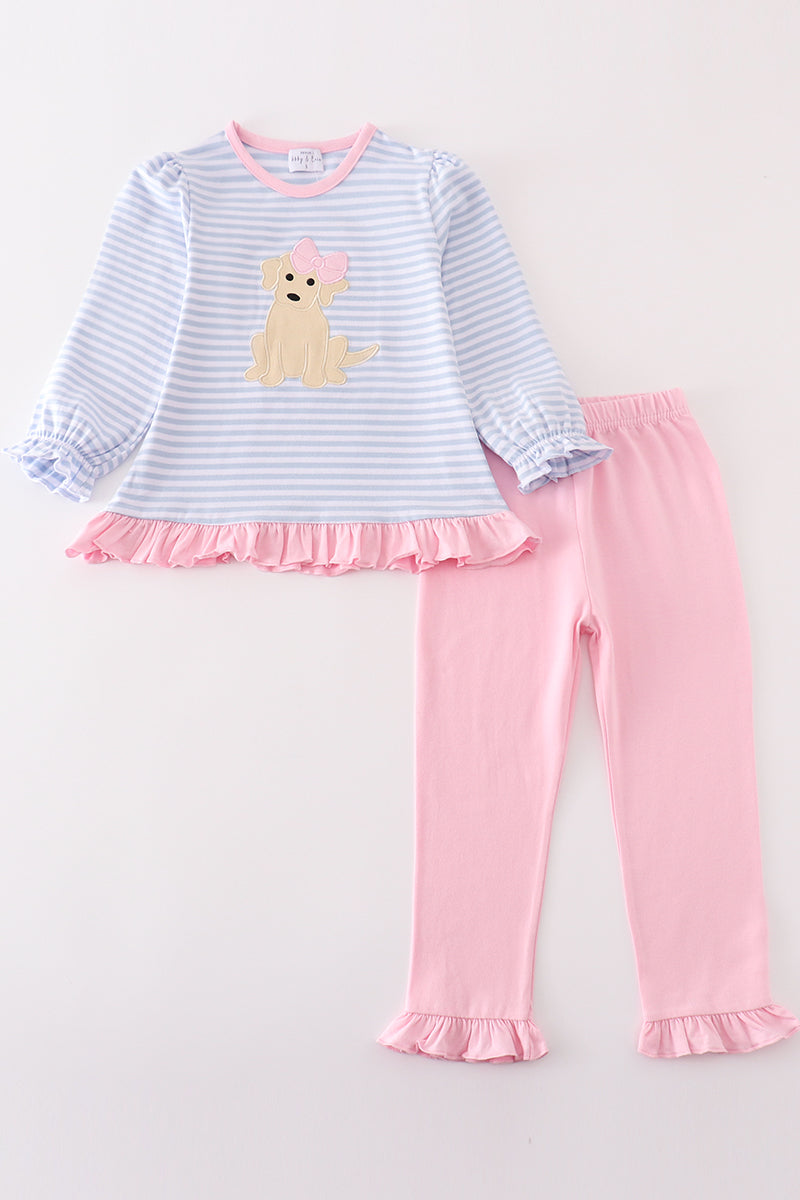 Premium pink stripe puppy ruffle girl set