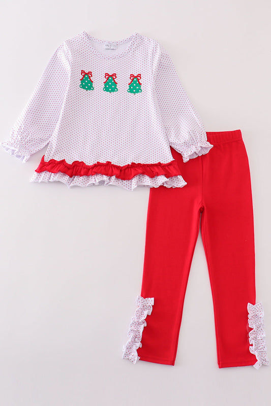 Premium red dot christmas tree embroidery girl set