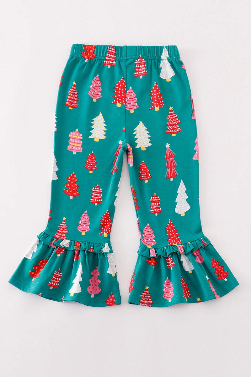 Platinum Green christmas tree print ruffle pants