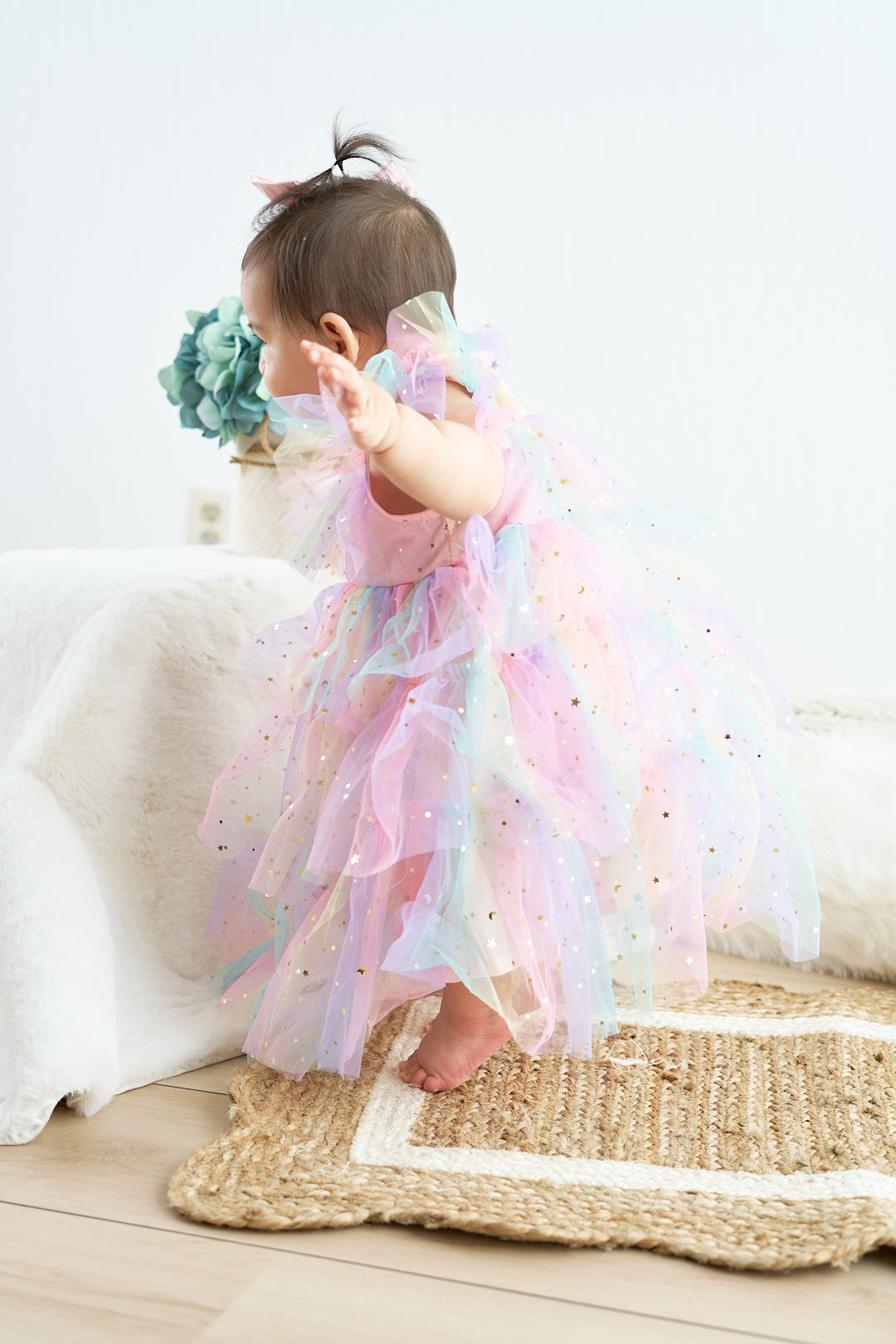 Rainbow star tiered ruffle tulle dress