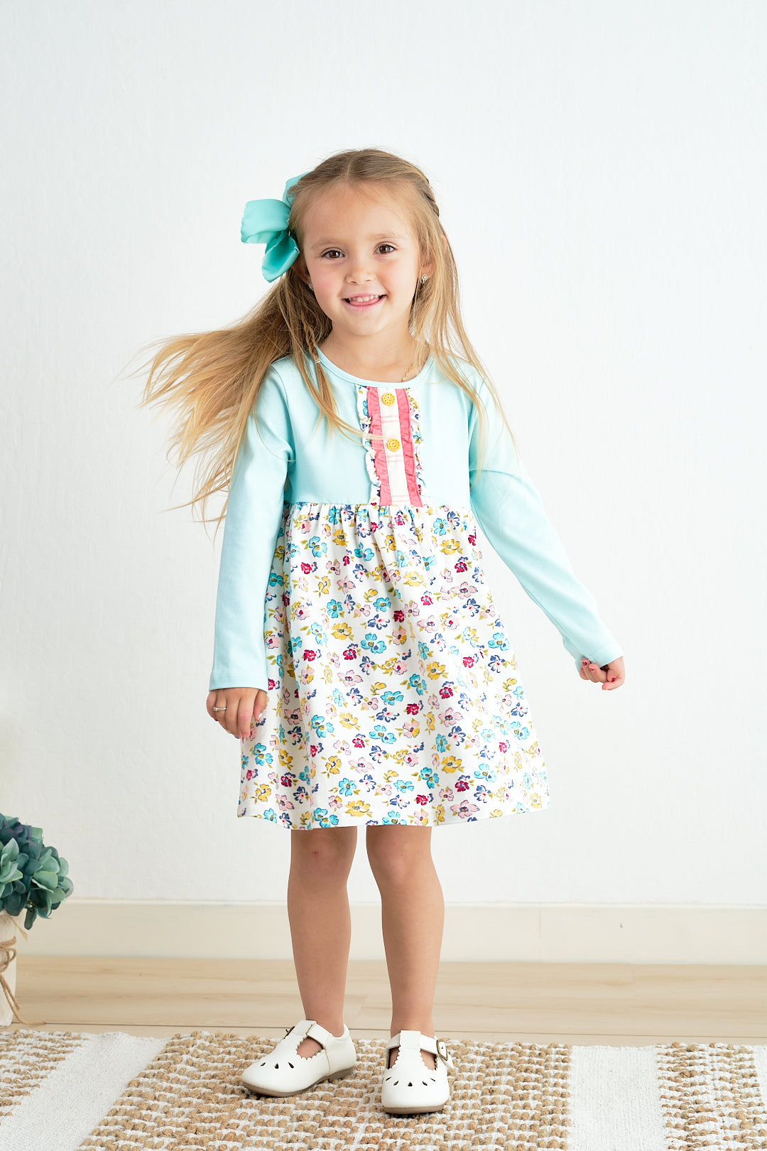 Platinum mint floral print girl dress