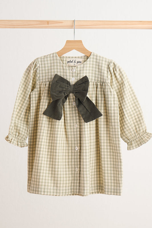 Green gingham flannel bow dress