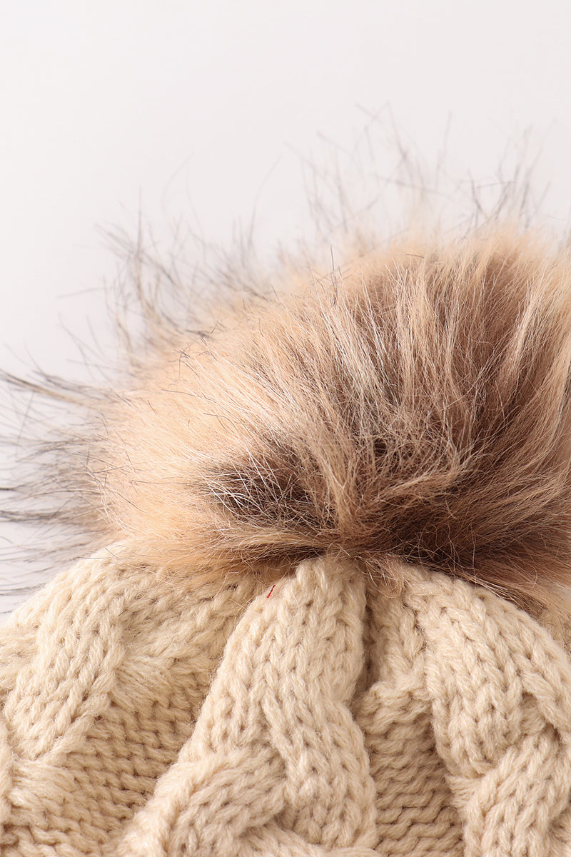 Beige pompom  cable beanie