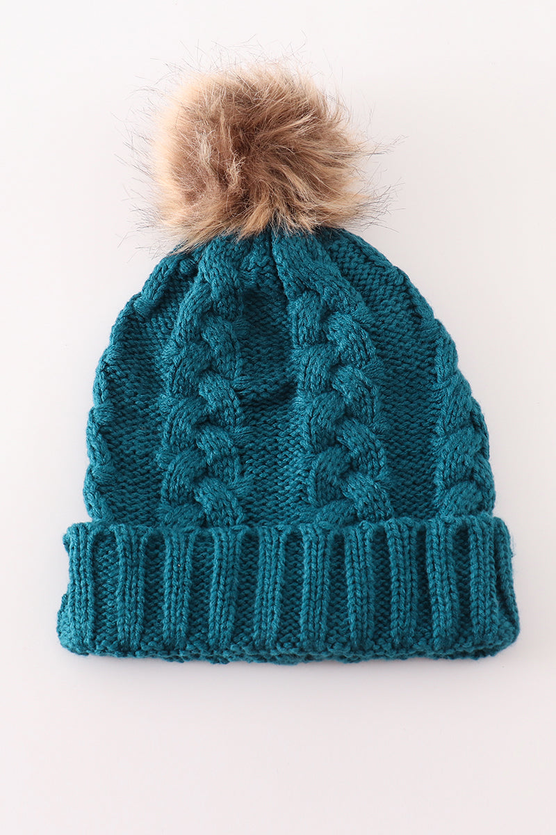 Teal pompom cable beanie