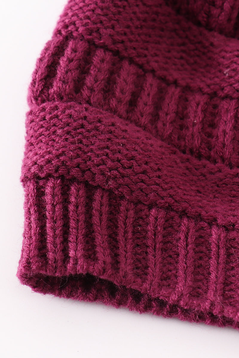 Violet pompom cable beanie