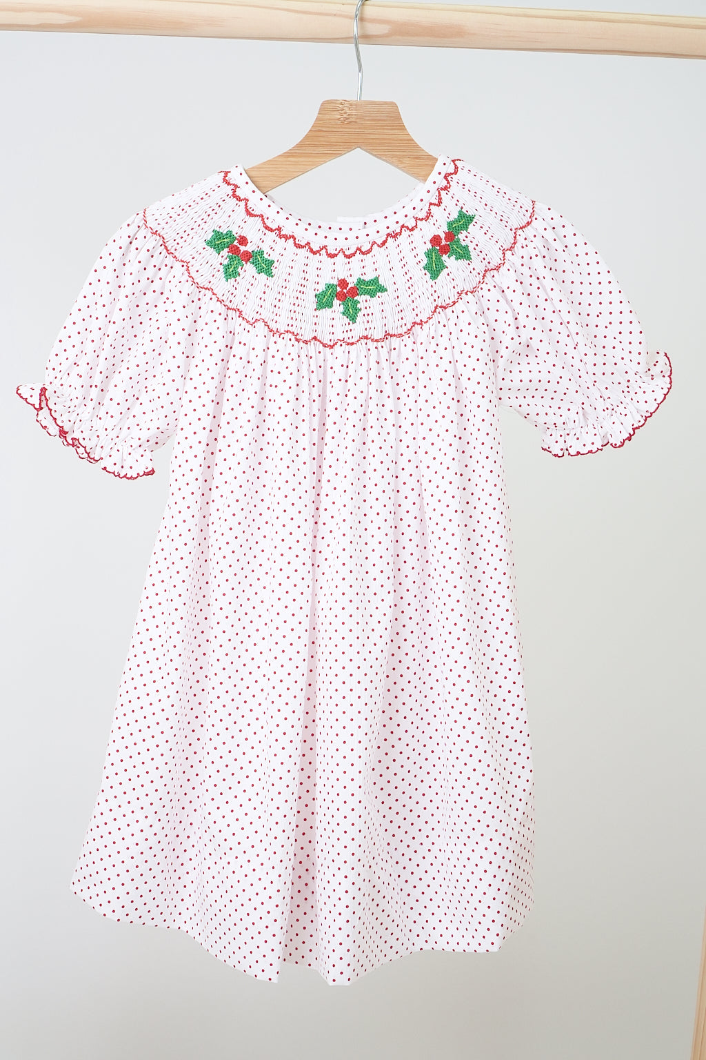 Pink christmas bishop hand smocked dot dress