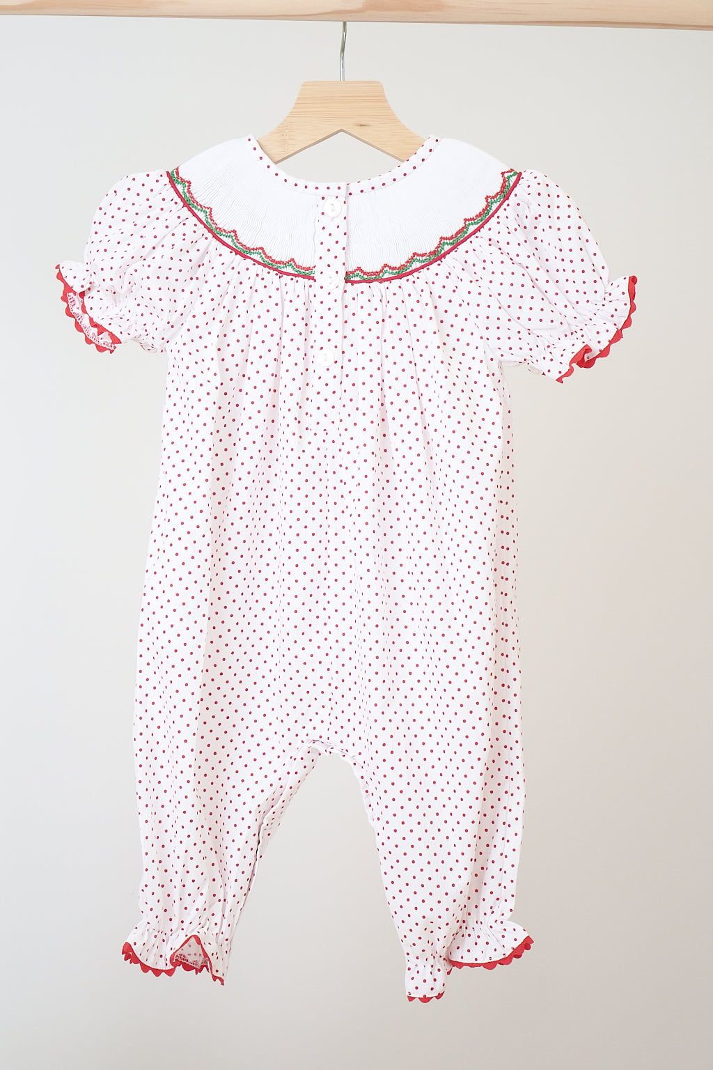 Red gingerbread hand smocked dot romper