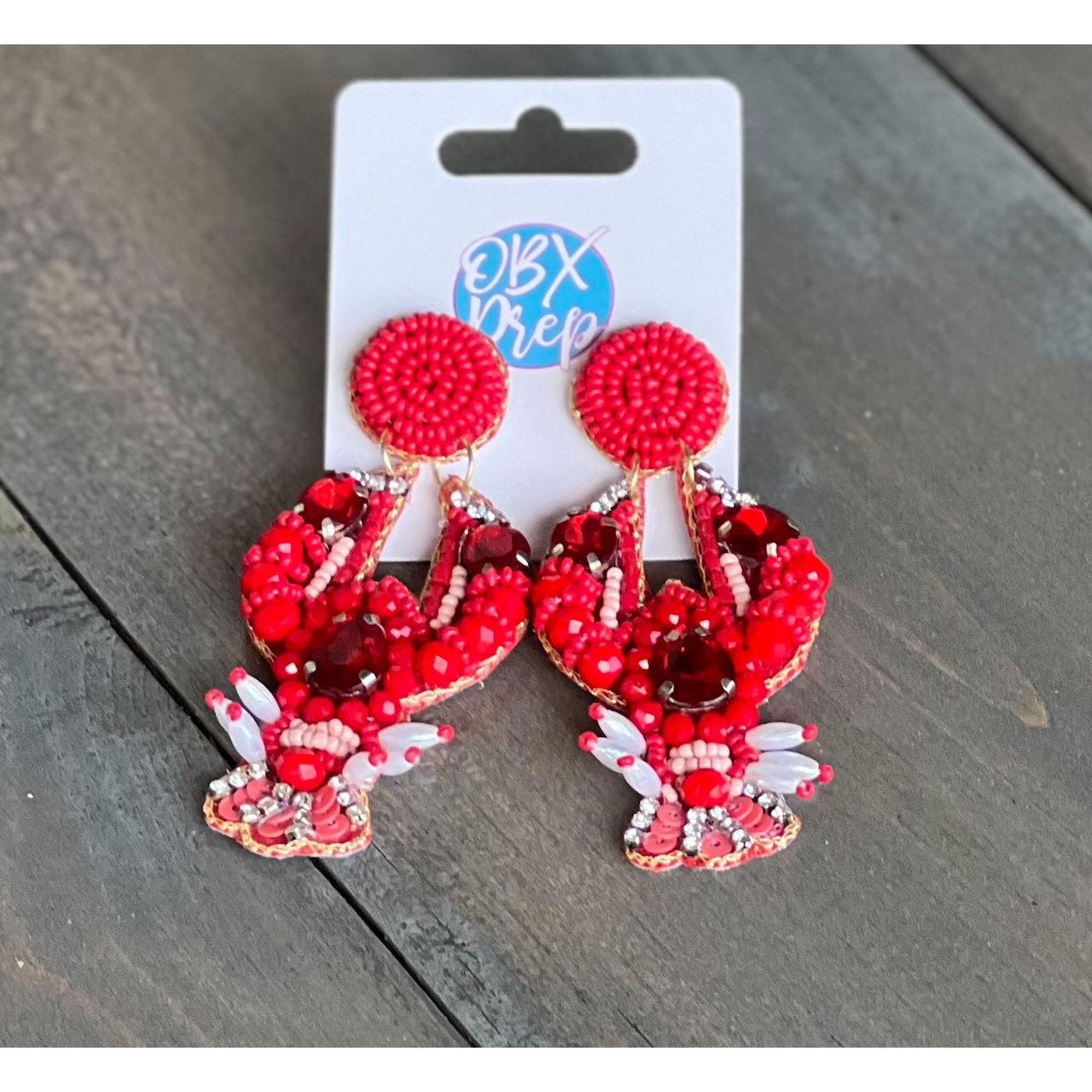 Lobster Handmade Seed Beaded Dangle Earrings - OBX Prep