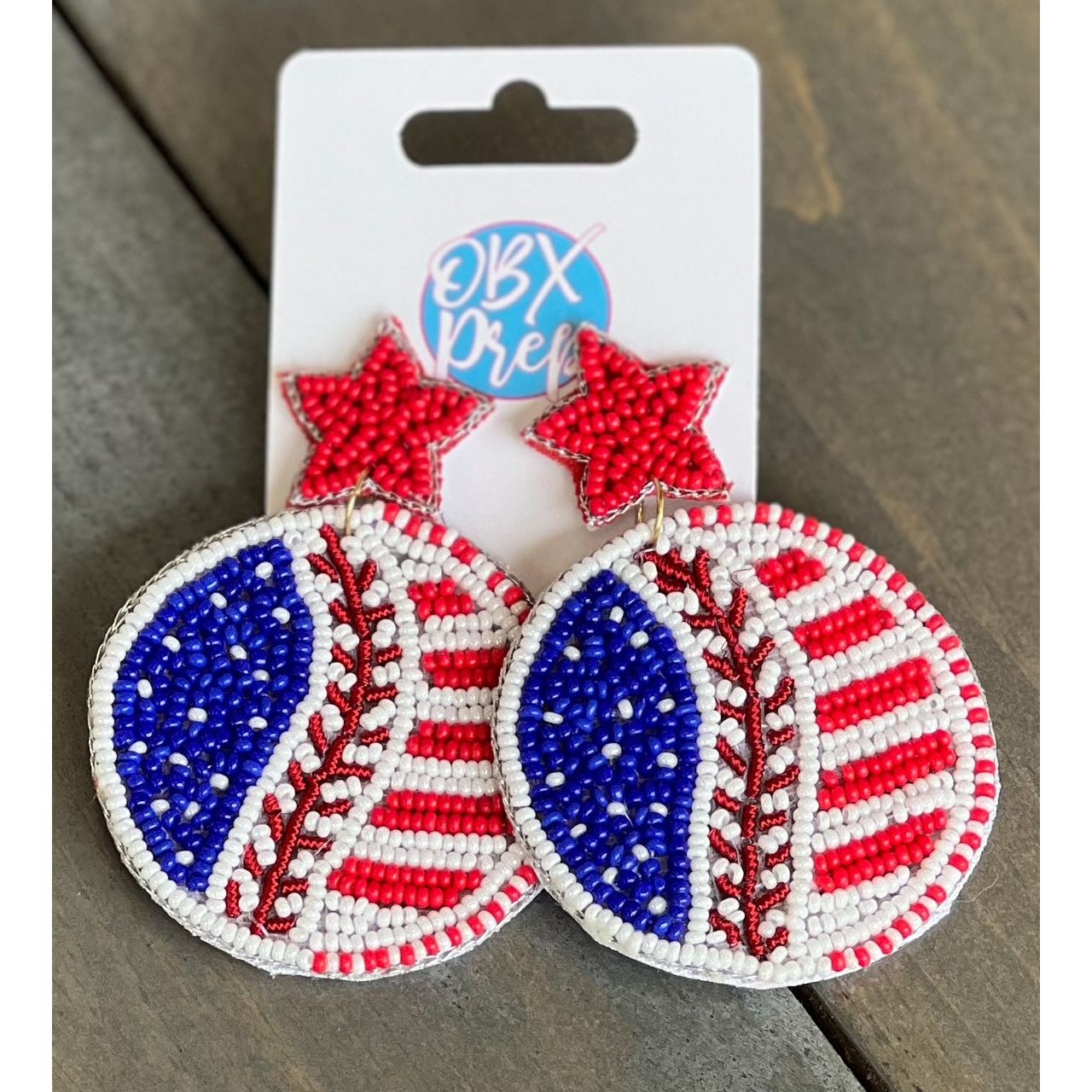 Patriotic Baseball Seed Beaded Earrings - OBX Prep