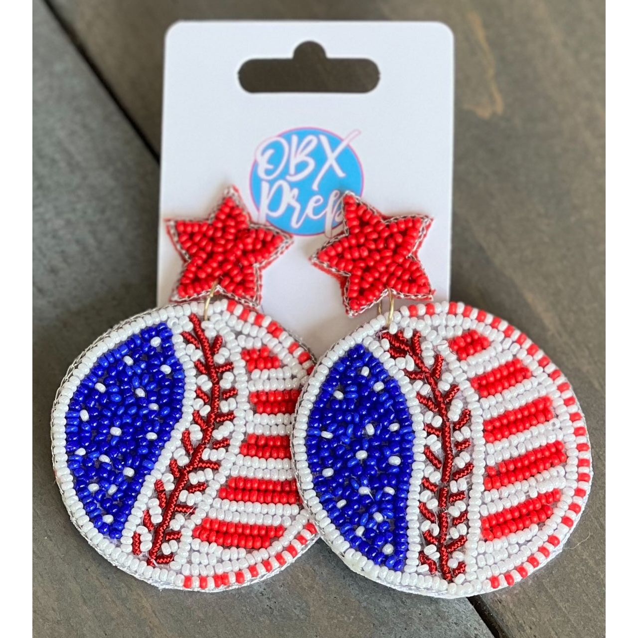 Patriotic Baseball Seed Beaded Earrings - OBX Prep