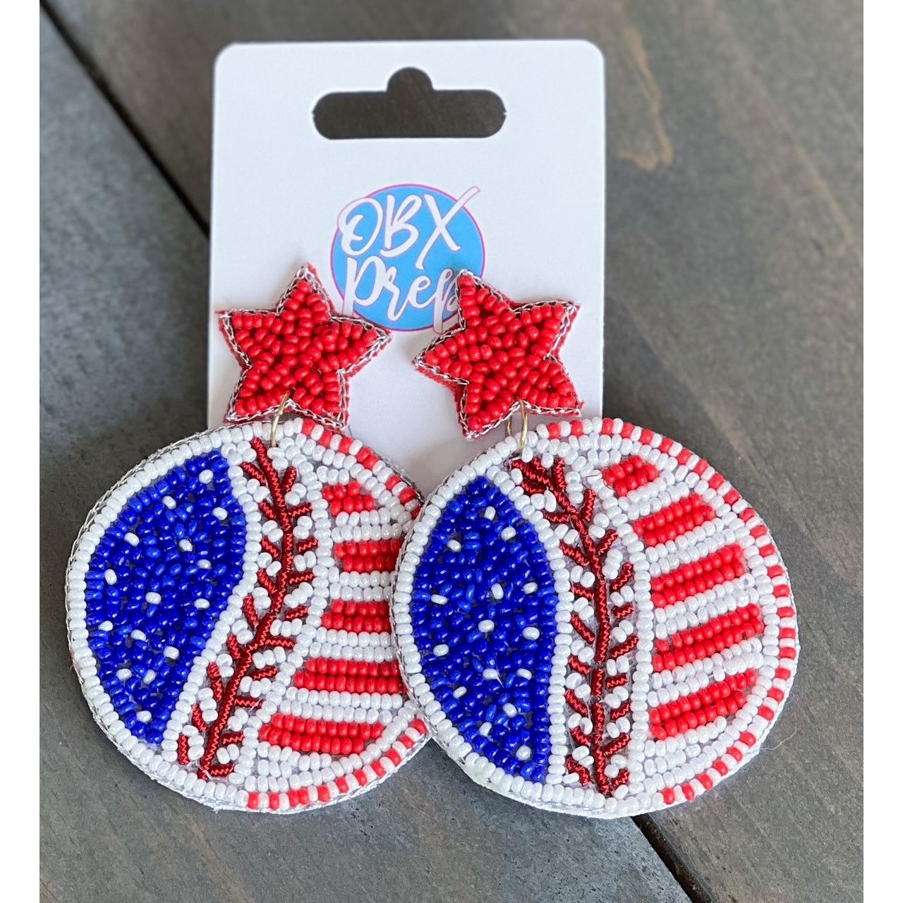 Patriotic Baseball Seed Beaded Earrings - OBX Prep