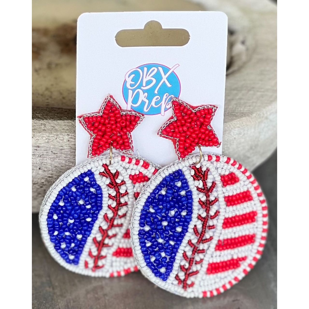 Patriotic Baseball Seed Beaded Earrings - OBX Prep