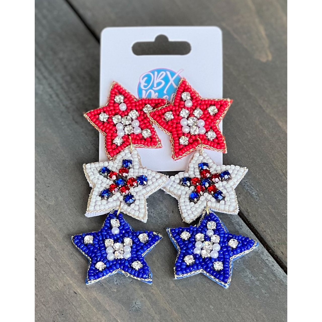 Handmade Patriotic Red White and Blue Triple Stars Earrings - OBX Prep