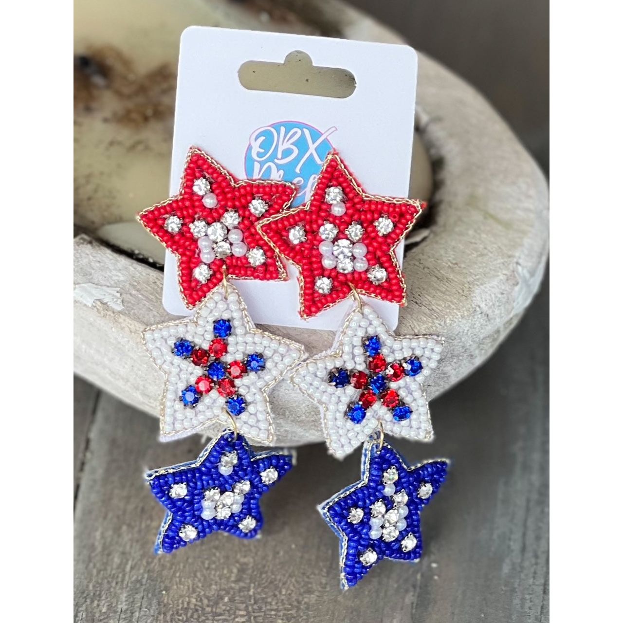 Handmade Patriotic Red White and Blue Triple Stars Earrings - OBX Prep