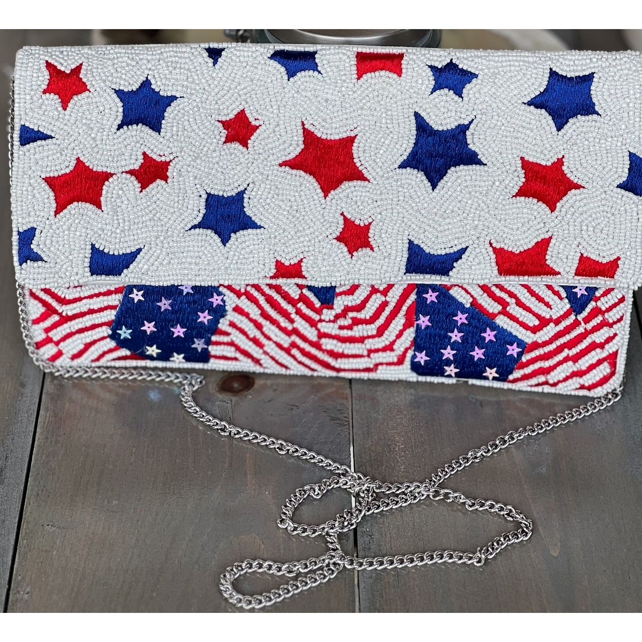 Patriotic Red White Blue Stars Stripes Seed Beaded Handbag - OBX Prep