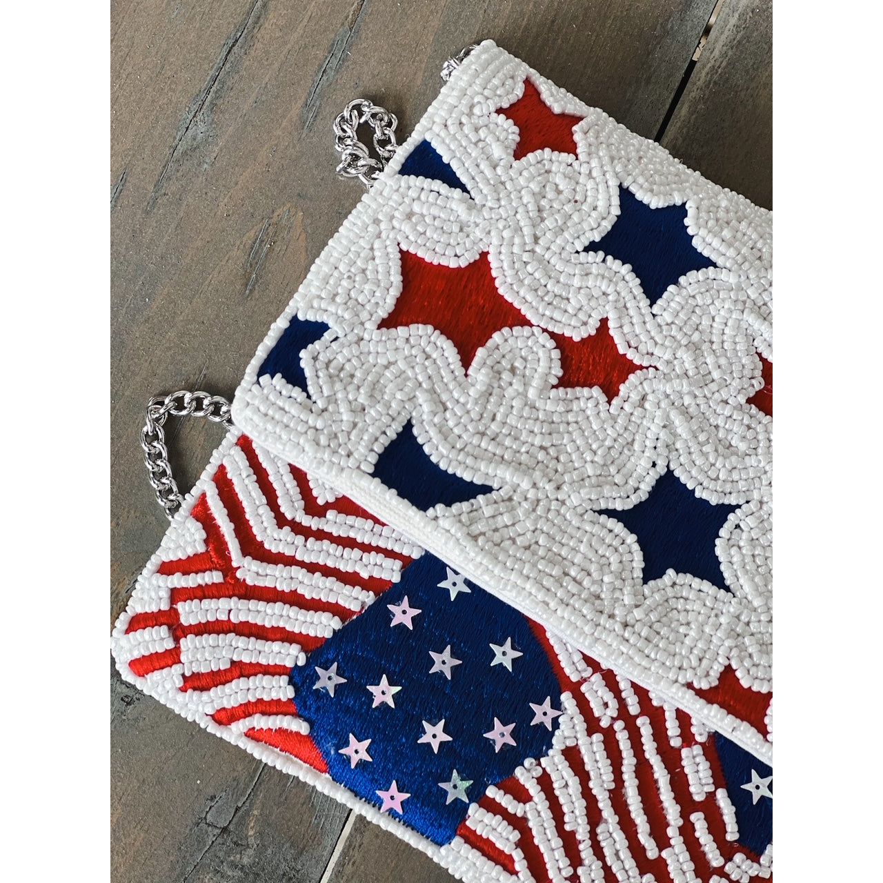 Patriotic Red White Blue Stars Stripes Seed Beaded Handbag - OBX Prep