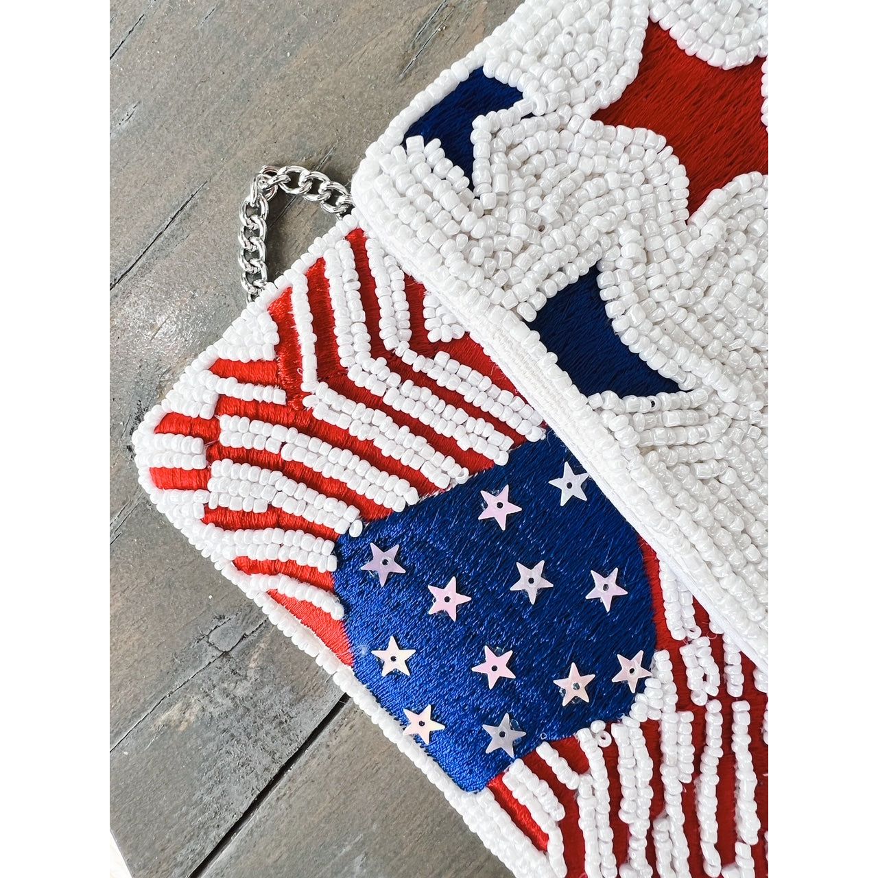 Patriotic Red White Blue Stars Stripes Seed Beaded Handbag - OBX Prep