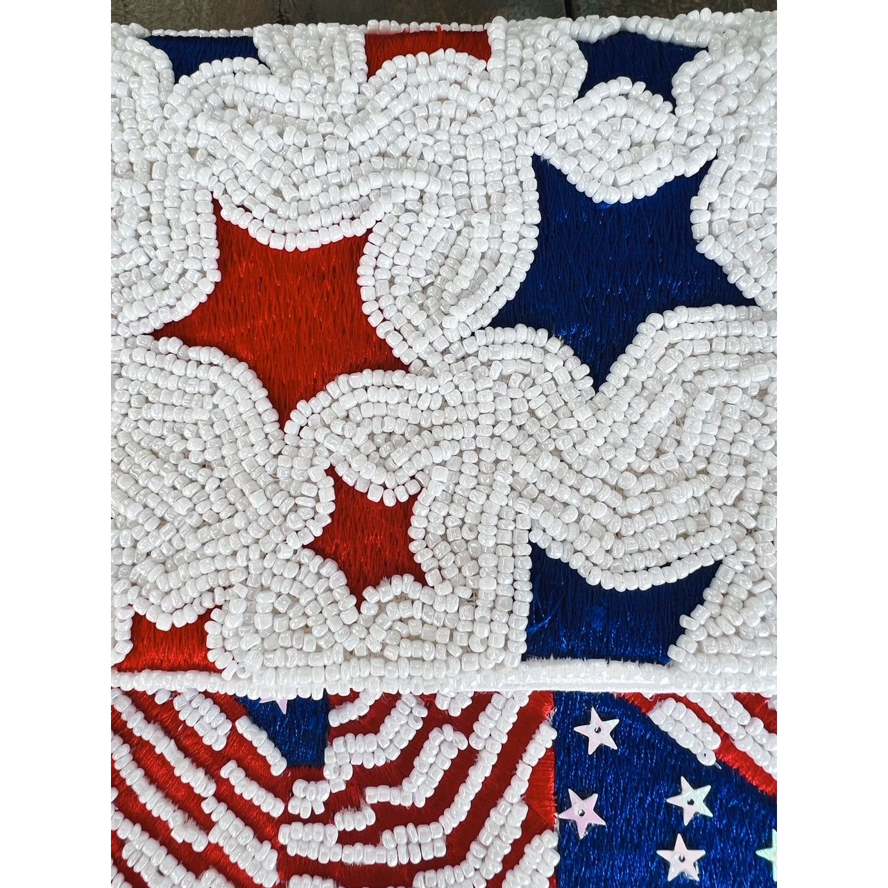 Patriotic Red White Blue Stars Stripes Seed Beaded Handbag - OBX Prep