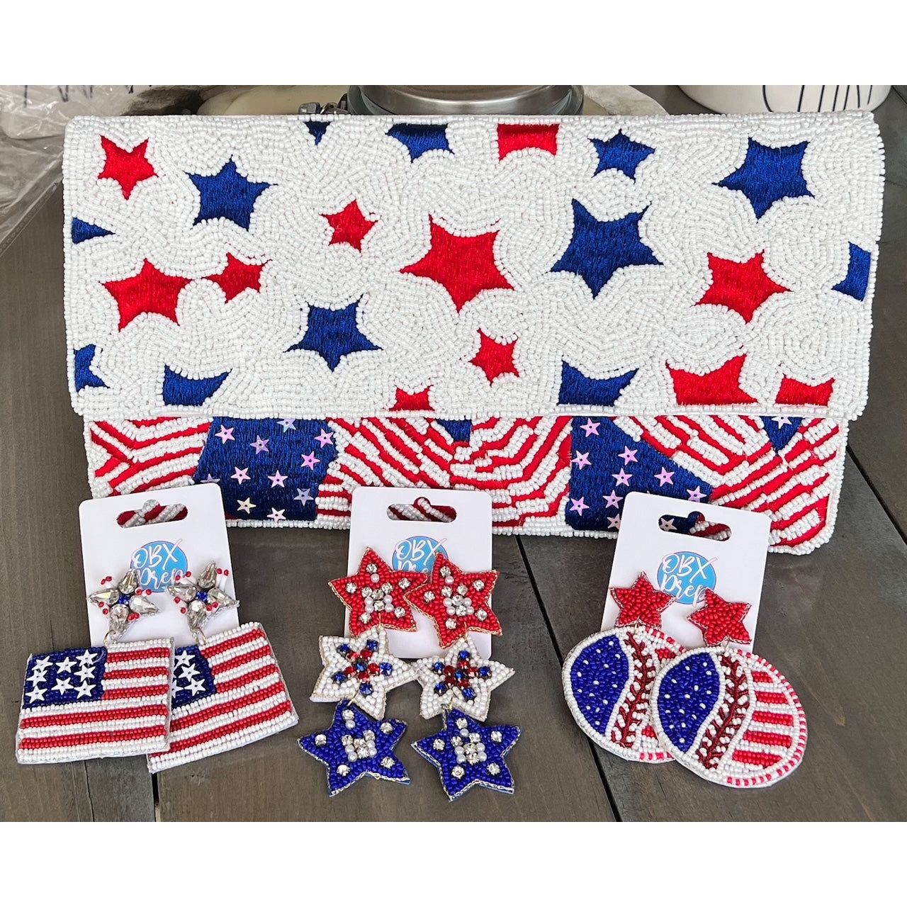 Patriotic Red White Blue Stars Stripes Seed Beaded Handbag - OBX Prep