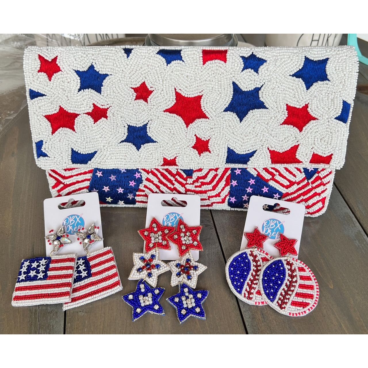 Patriotic Red White Blue Stars Stripes Seed Beaded Handbag - OBX Prep