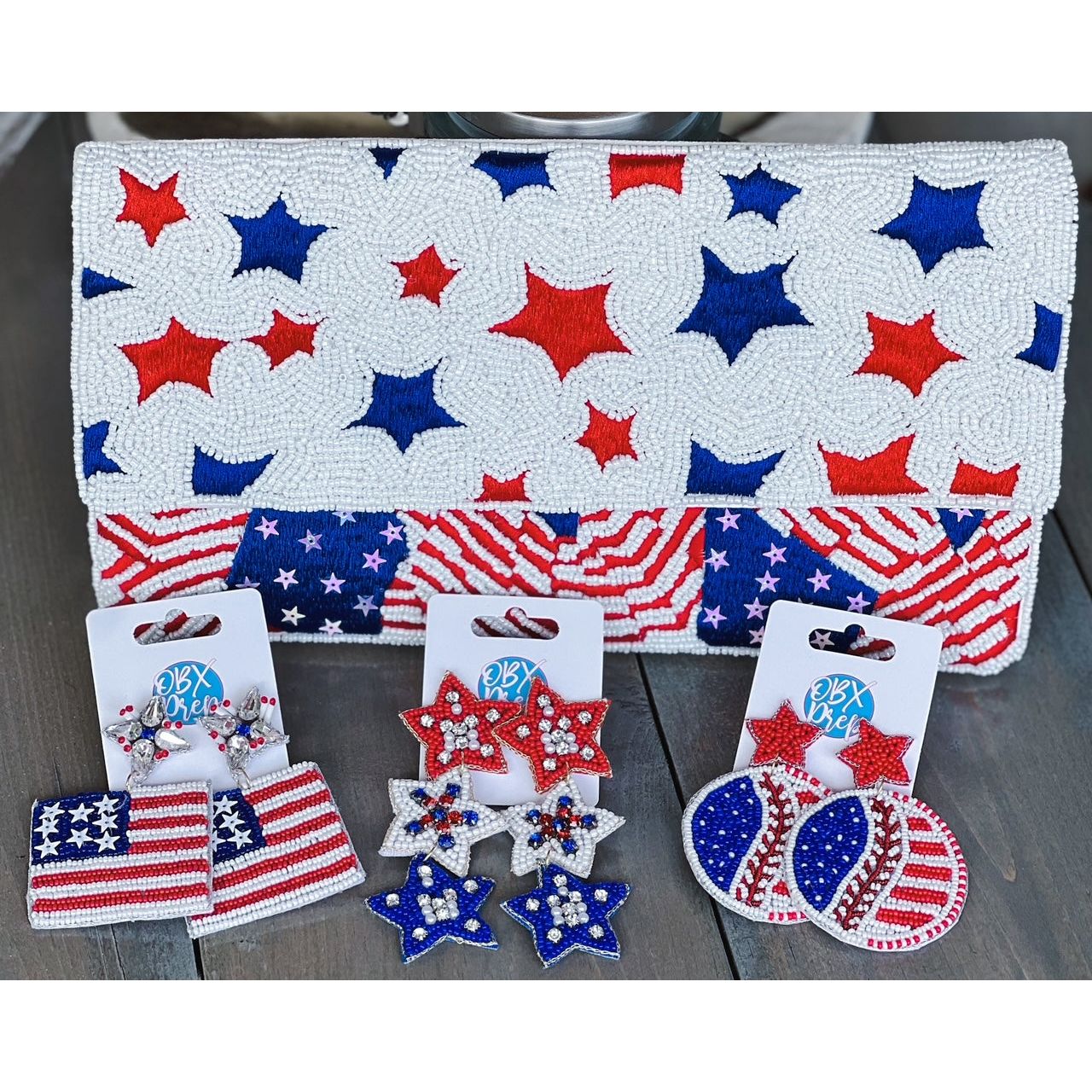 Patriotic Red White Blue Stars Stripes Seed Beaded Handbag - OBX Prep