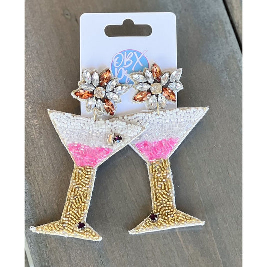 Pink Martini Gold Stems Seed Beaded Drop Earrings - OBX Prep