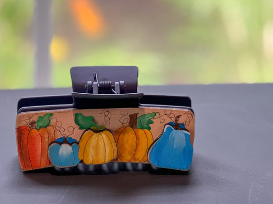 Autumn Blue and Orange Pumpkins Hand Painted Wood Hair Claw Clip.