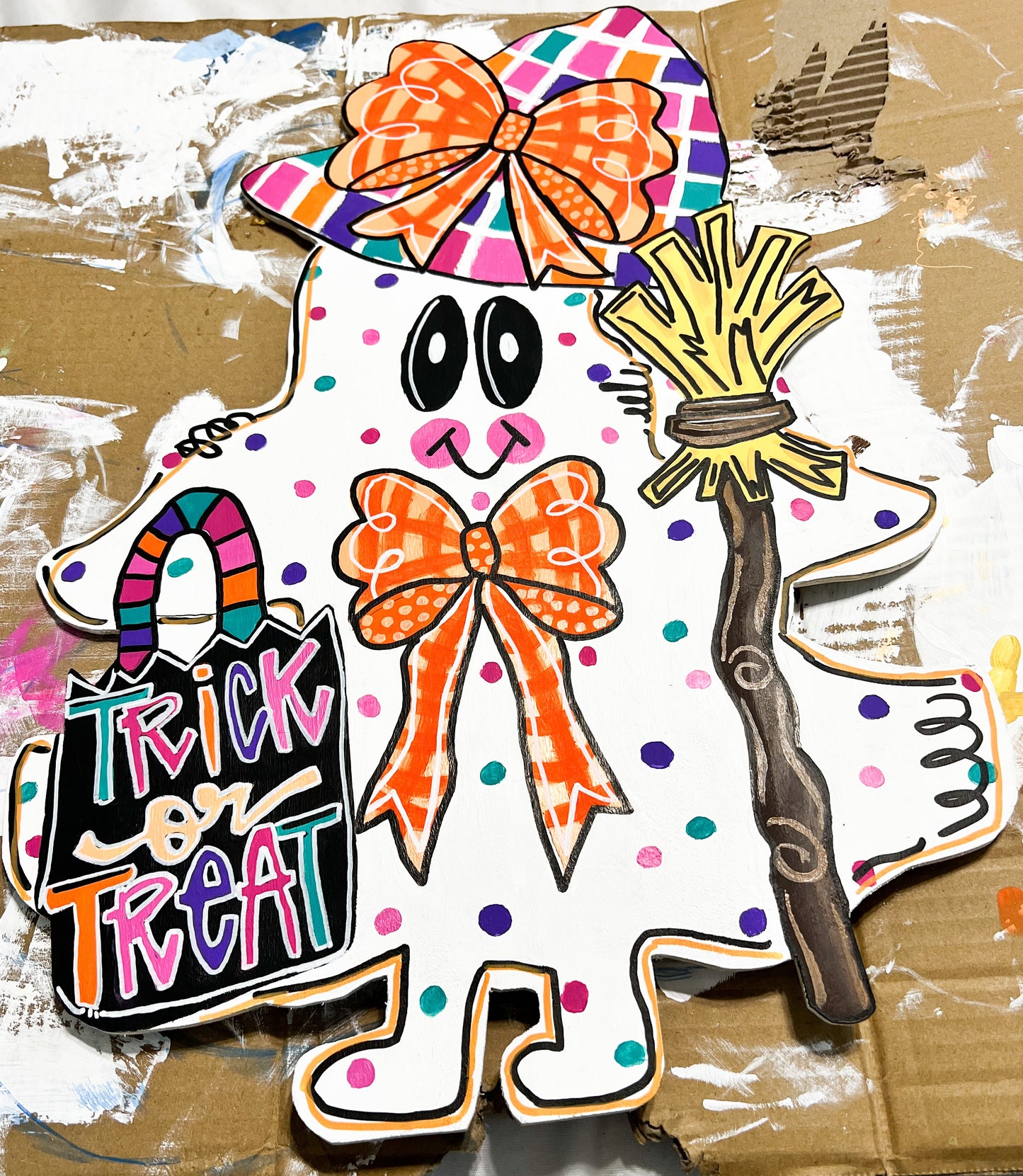 Bright Pop Ghost Girl Door Hanger Sign Hand painted.