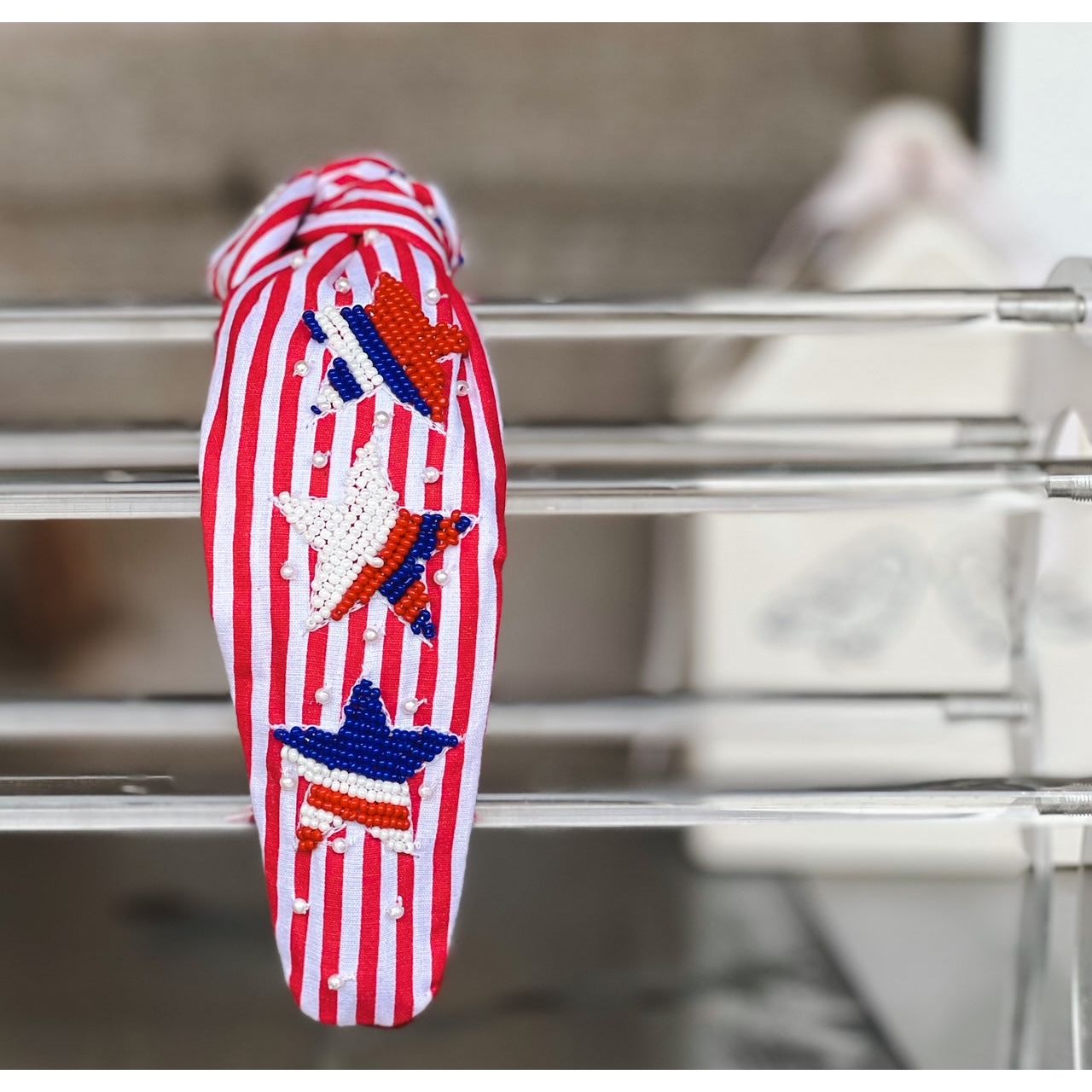 Patriotic Red White Stripe Star Top Knot Headband 4th of July - OBX Prep