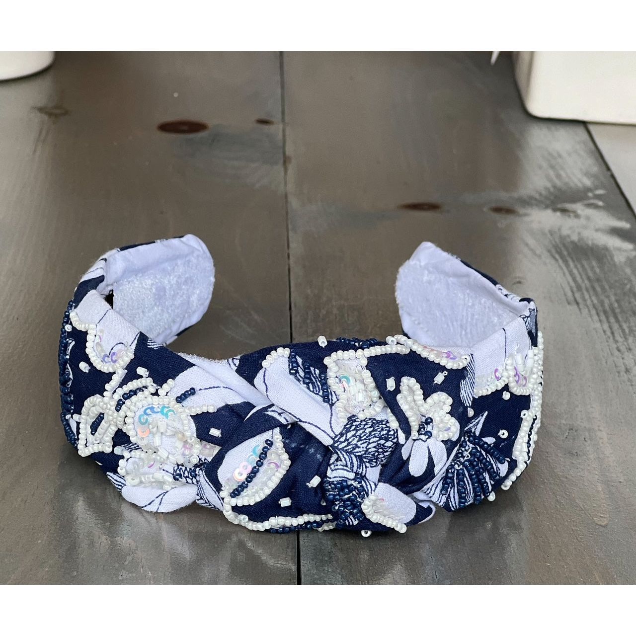 Classic Navy and White Floral Sequin and Seed Beaded Top Knot Headband - OBX Prep