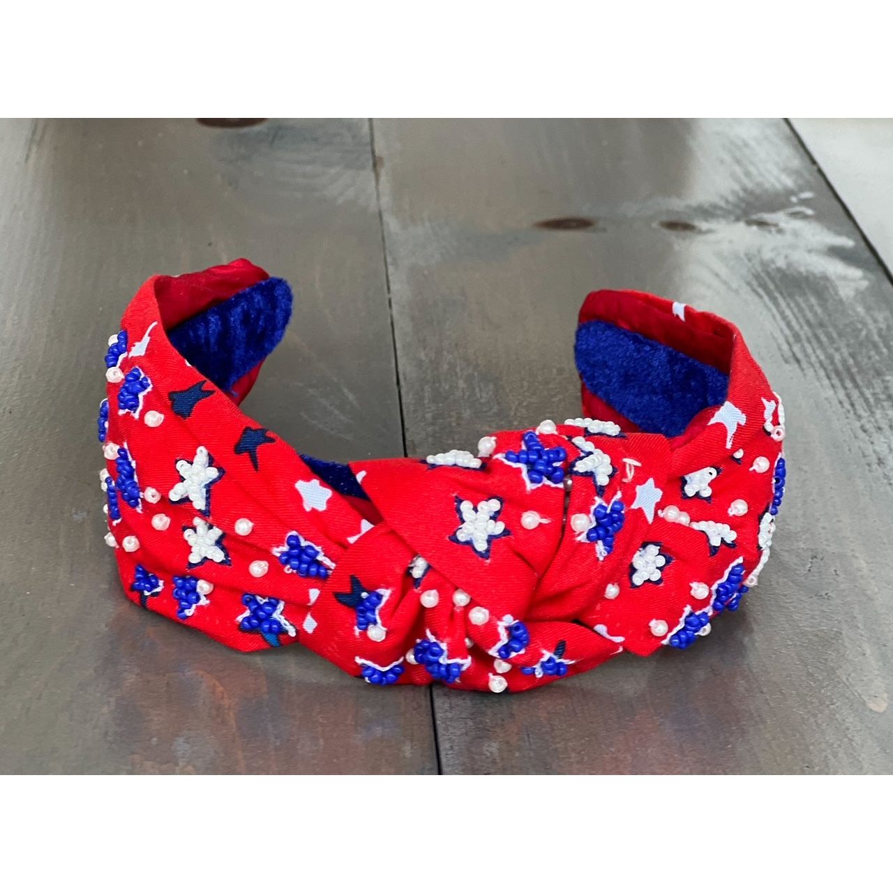 Patriotic Red Seed Beaded Star Top Knot Headband 4th of July - OBX Prep