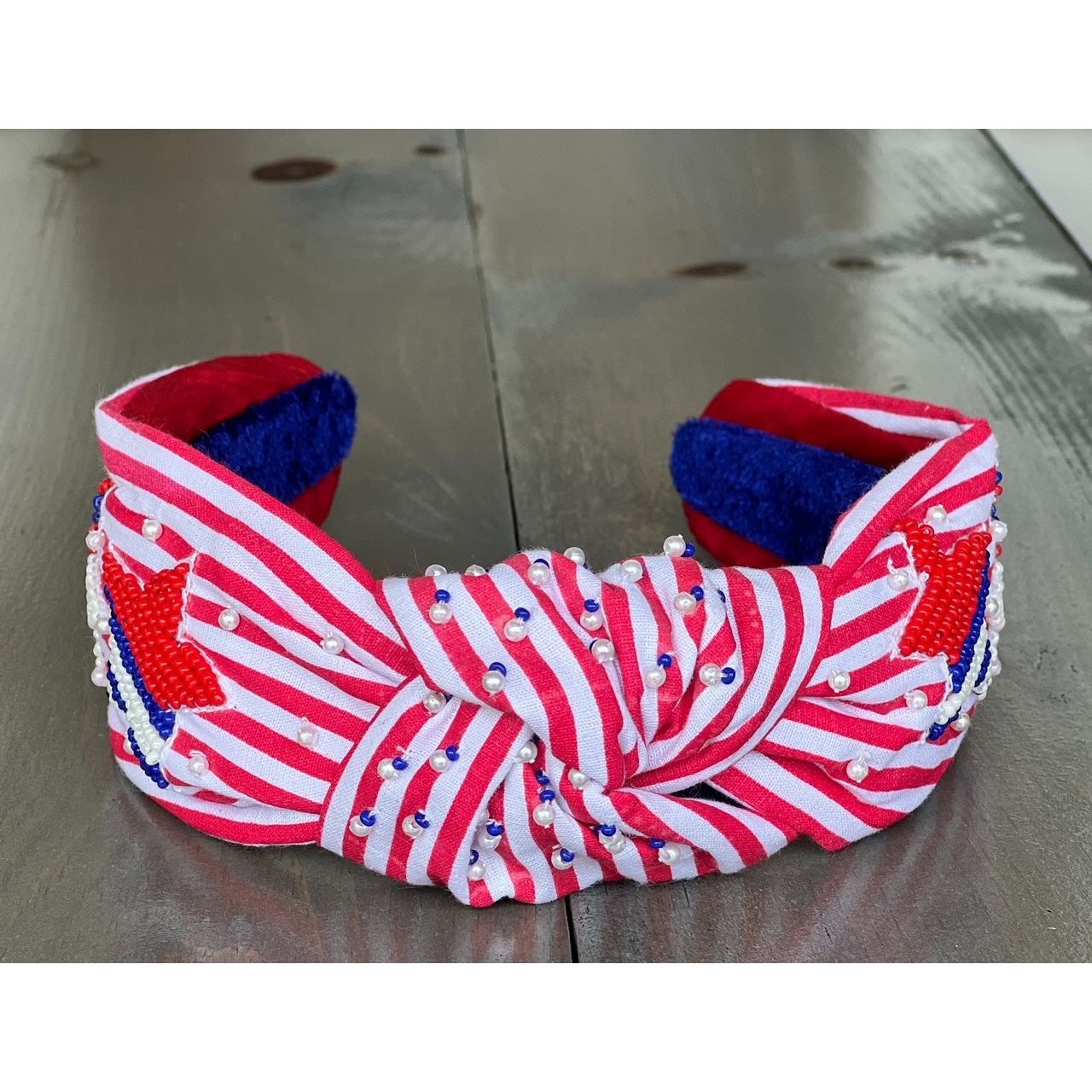 Patriotic Red White Stripe Star Top Knot Headband 4th of July - OBX Prep