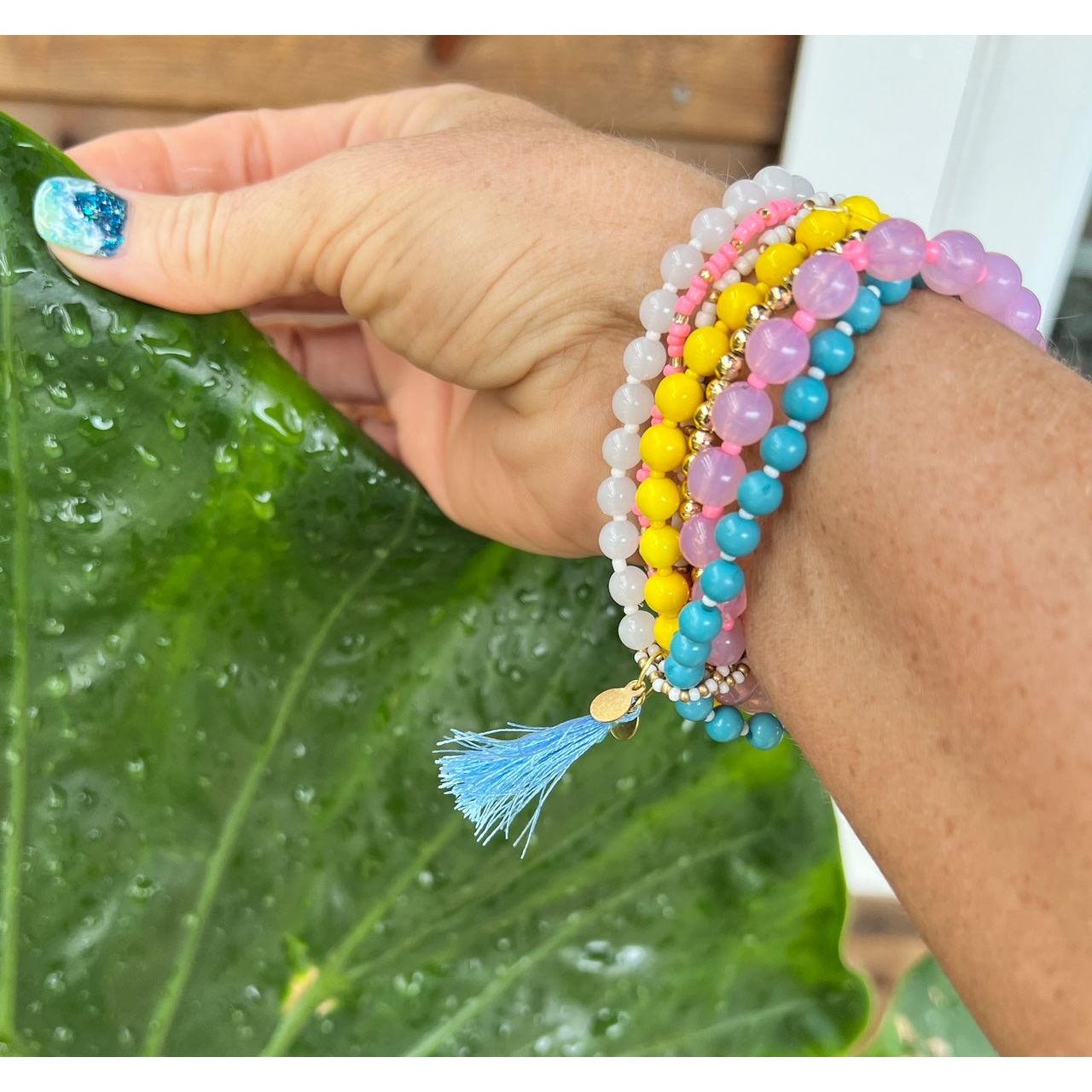 Yellow Multi Beaded Stackable Stretch Bracelet Set - OBX Prep