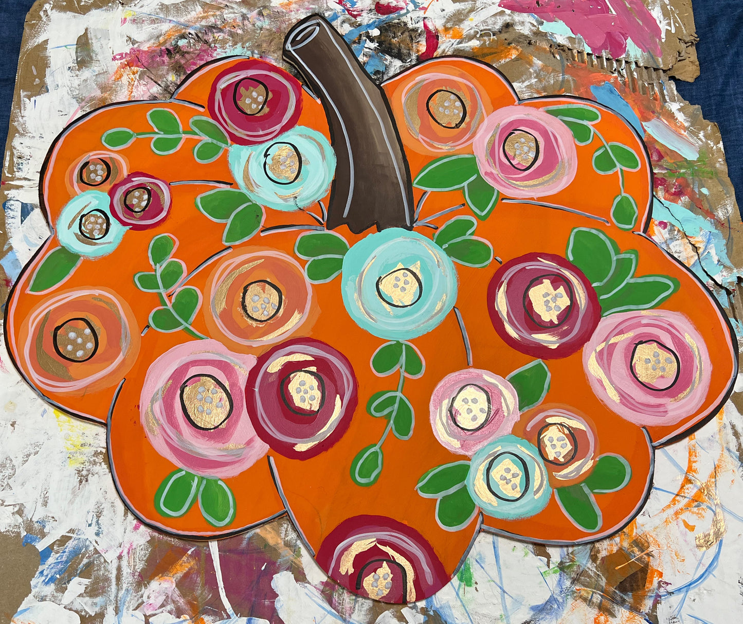 Pumpkin with Flowers and Gold Metallic Hand Painted Door Sign Hanger for Autumn and Fall.