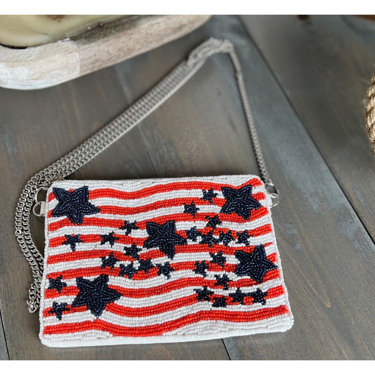 Patriotic Red White Blue Stars Stripes Beaded Coin Purse - OBX Prep