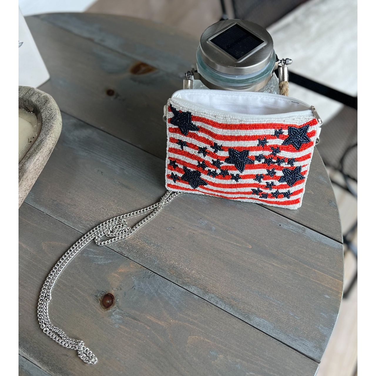 Patriotic Red White Blue Stars Stripes Beaded Coin Purse - OBX Prep