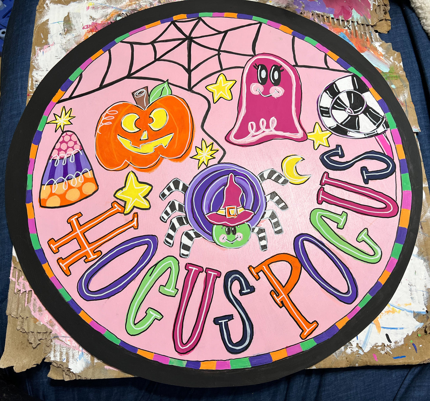 Halloween Pastel Hocus Pocus Ghosy Pumpkin Spider Door Hanger Sign.