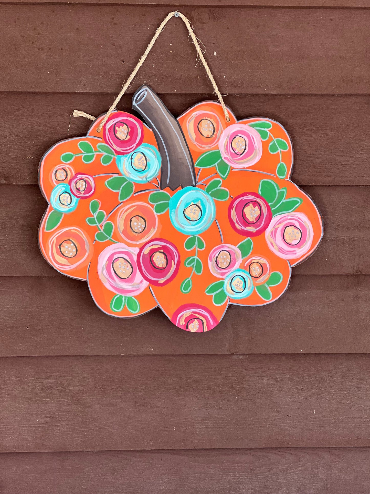 Pumpkin with Flowers and Gold Metallic Hand Painted Door Sign Hanger for Autumn and Fall.