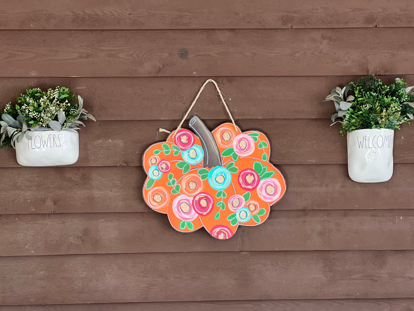 Pumpkin with Flowers and Gold Metallic Hand Painted Door Sign Hanger for Autumn and Fall.