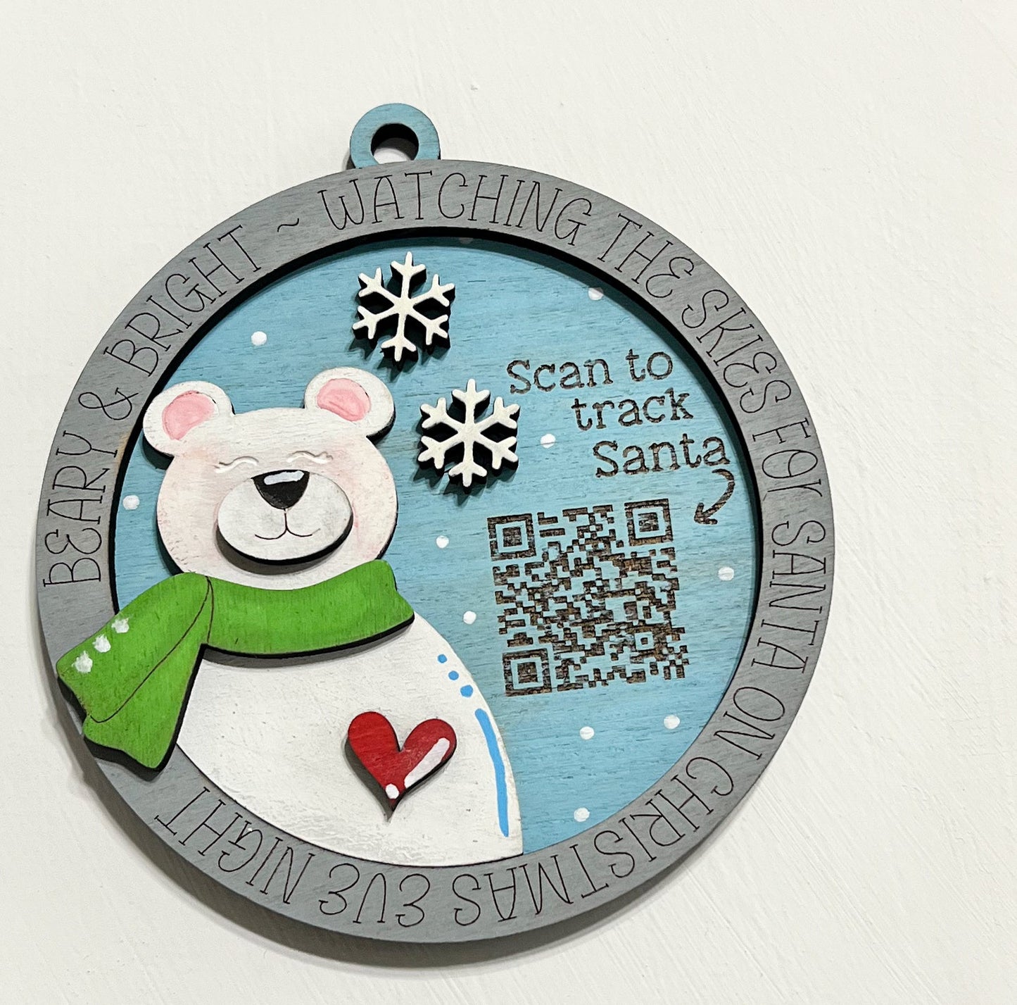 Polar Bear QR code Santa Tracker Hand Painted Ornament.