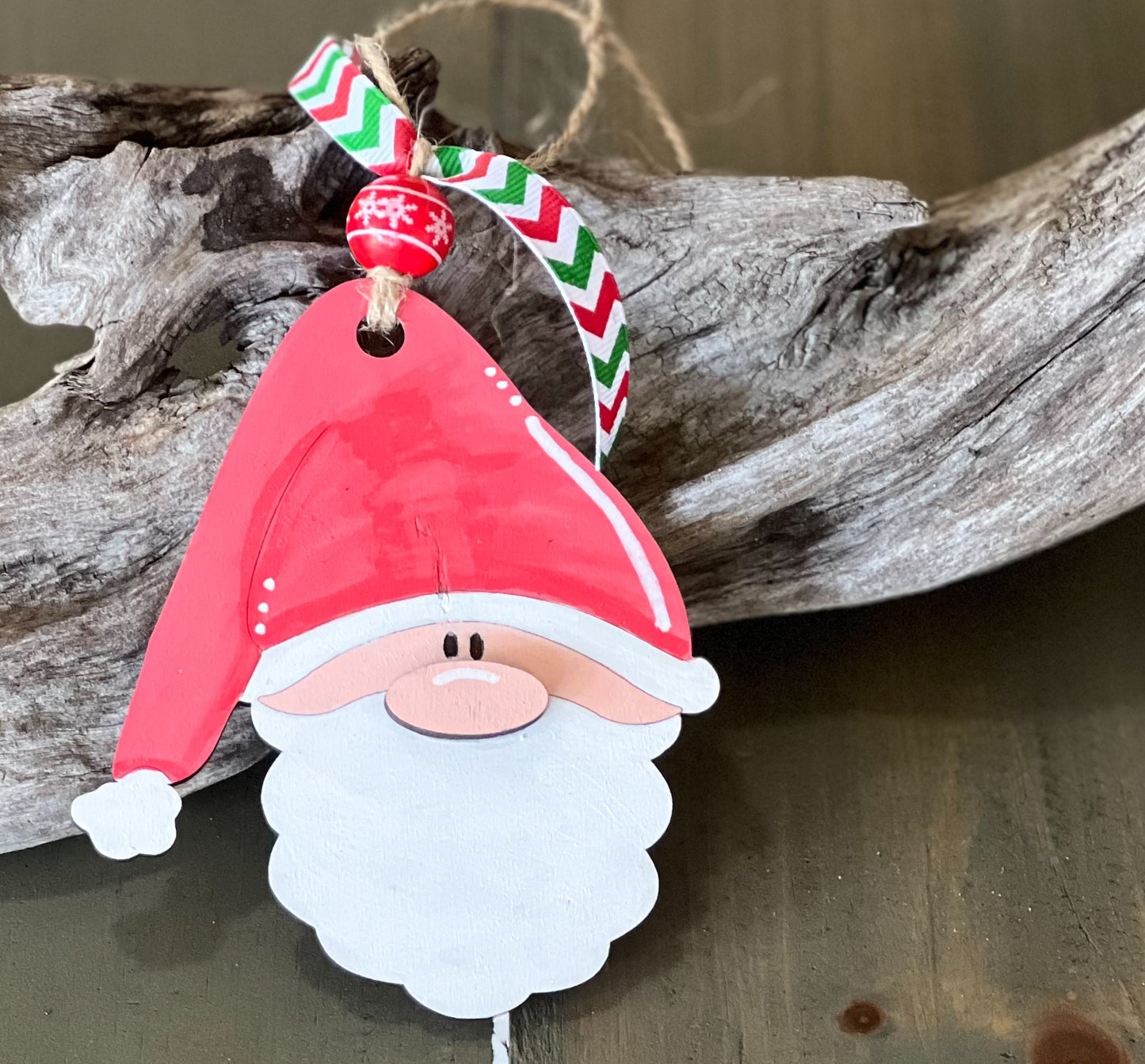 Santa Claus Face Hand Painted Wood Christmas Ornament.