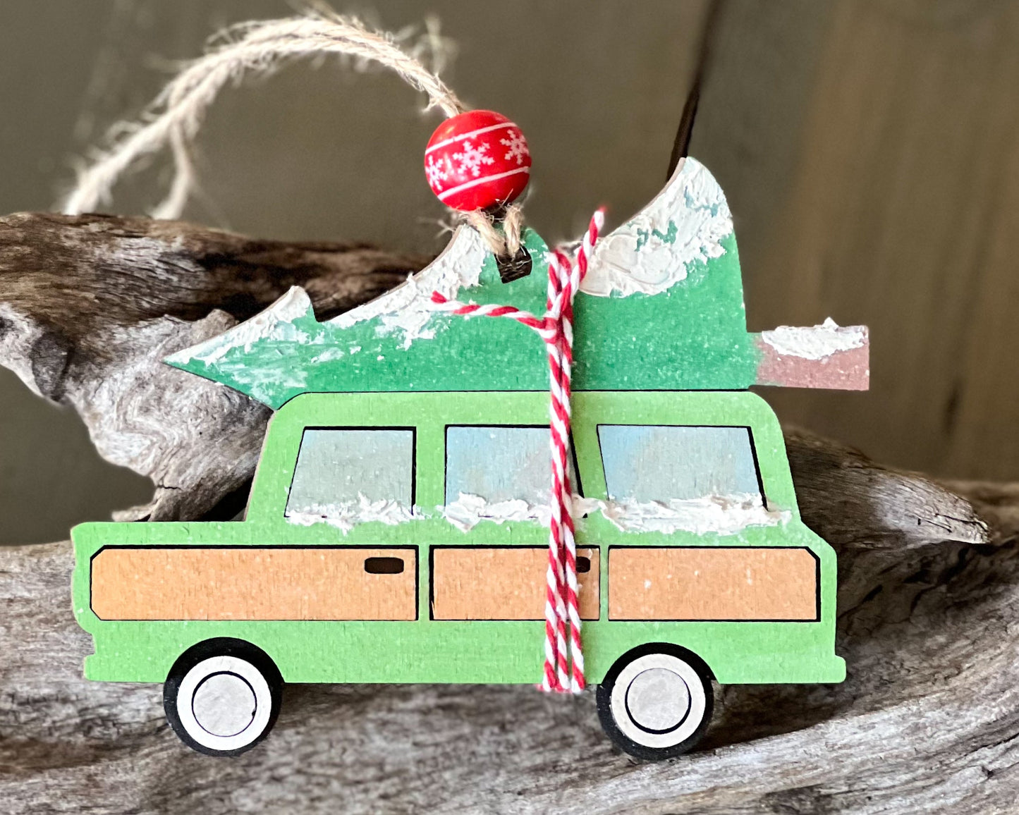 Christmas Family Truck with Tree Hand Painted Wood Ornament.