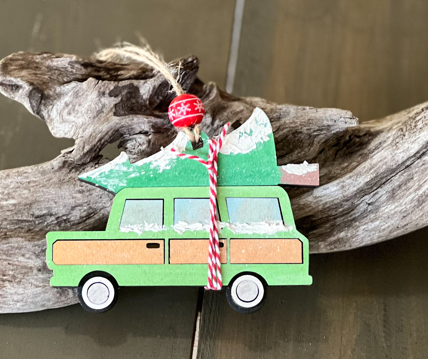 Christmas Family Truck with Tree Hand Painted Wood Ornament.